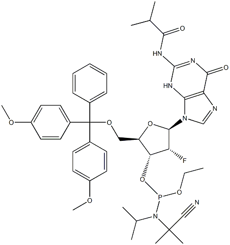 5'-O-[Bis(4-methoxyphenyl)phenylmethyl]-2'-deoxy-2'-fluoro-N-(2-methyl-1-oxopropyl)guanosine 3'-[2-cyanoethyl N,N-bis( 1-మిథైలిథైల్) ఫాస్ఫోరామిడైట్]